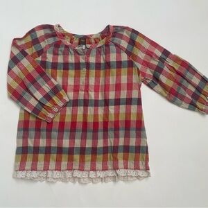 Tea Collection Girls Plaid Flannel Boho Shirt with Lace Trim Size 8 EUC Romantic